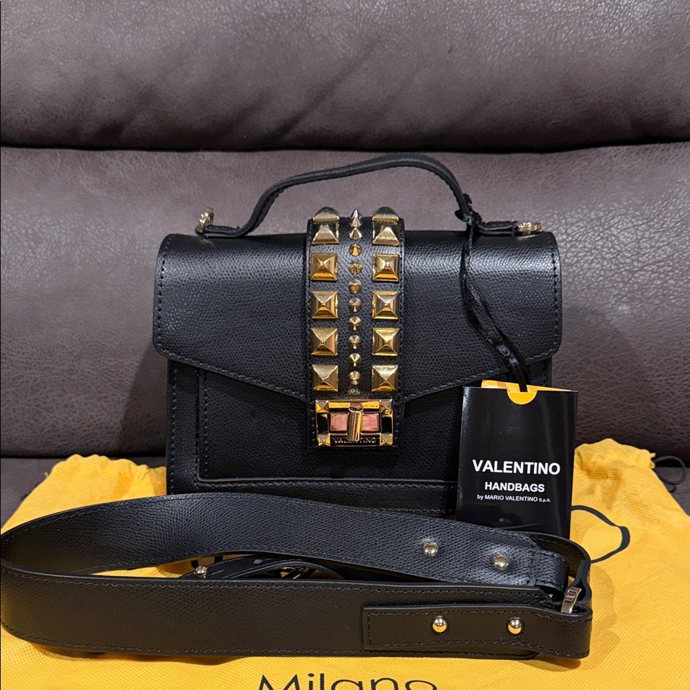 Valentino by Mario Black Crossbody Bag with Gold Studs